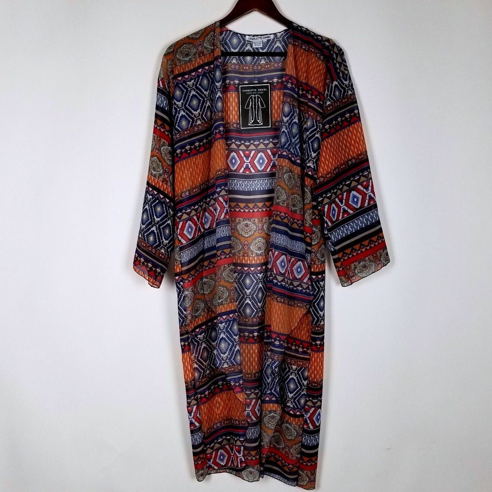 Charlotte Daniel Women's Size S Sheer Kimono Sleeves Blue Geometric Striped